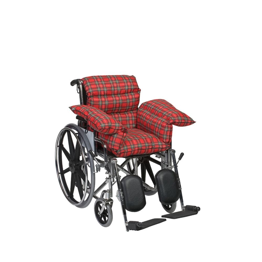 Wheelchair with red plaid cushions on a white background