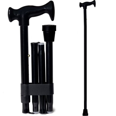 Black adjustable walking cane on a white background