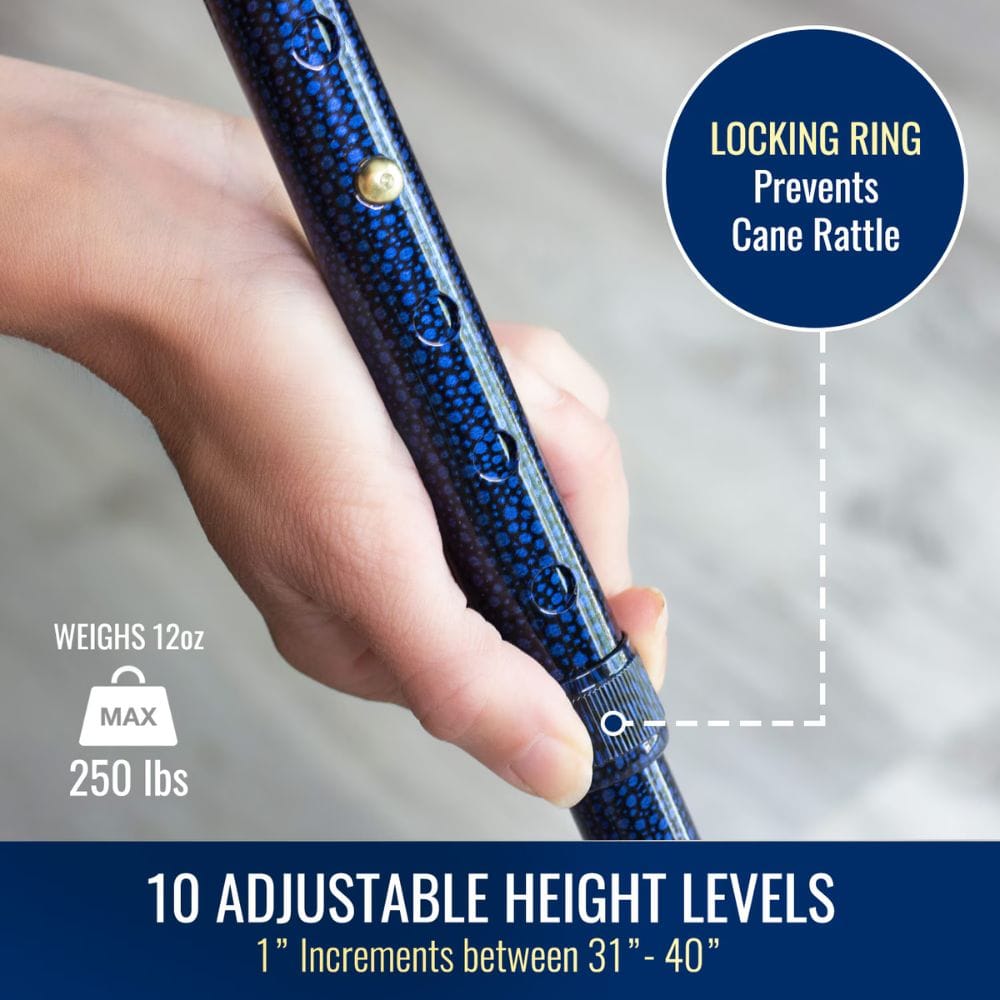 Hand holding a blue cane with text highlighting features like locking ring, weight, and adjustable height.