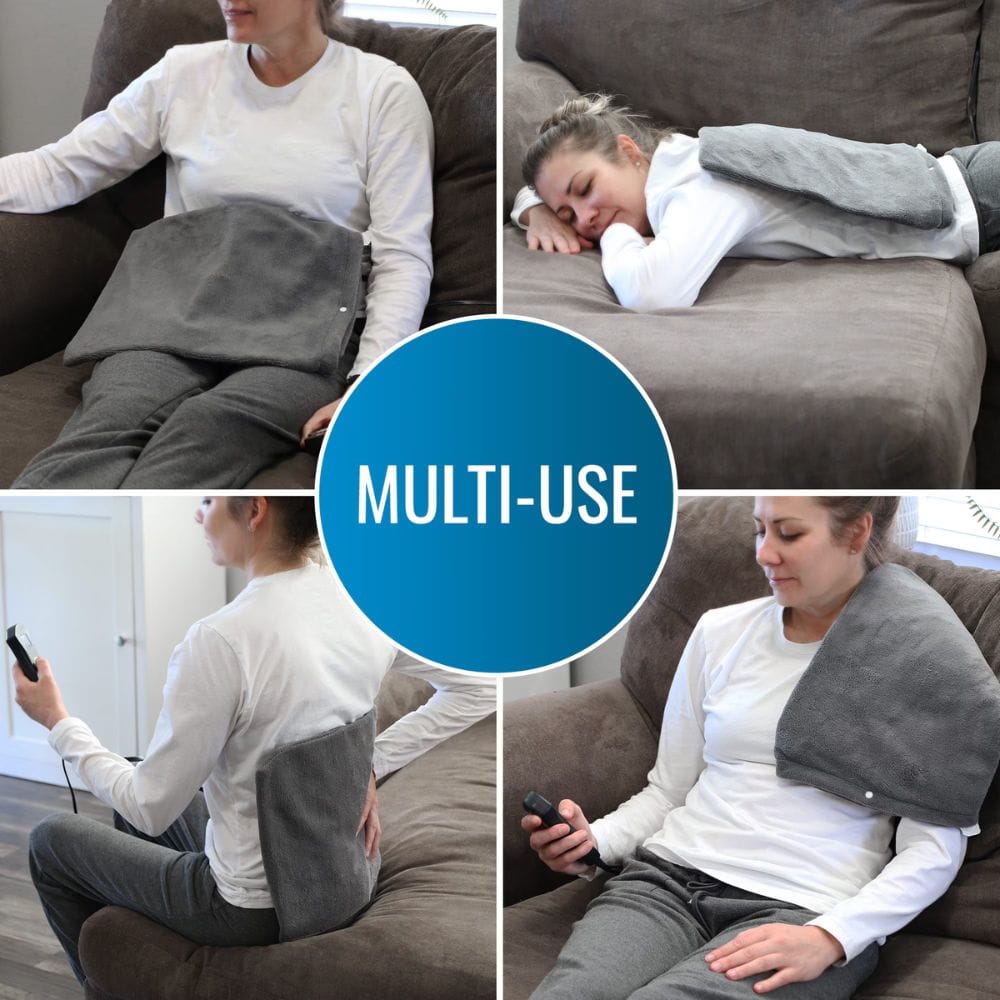 Collage of a person using a gray heating pad in various positions on a couch.