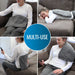 Collage of a person using a gray heating pad in various positions on a couch.