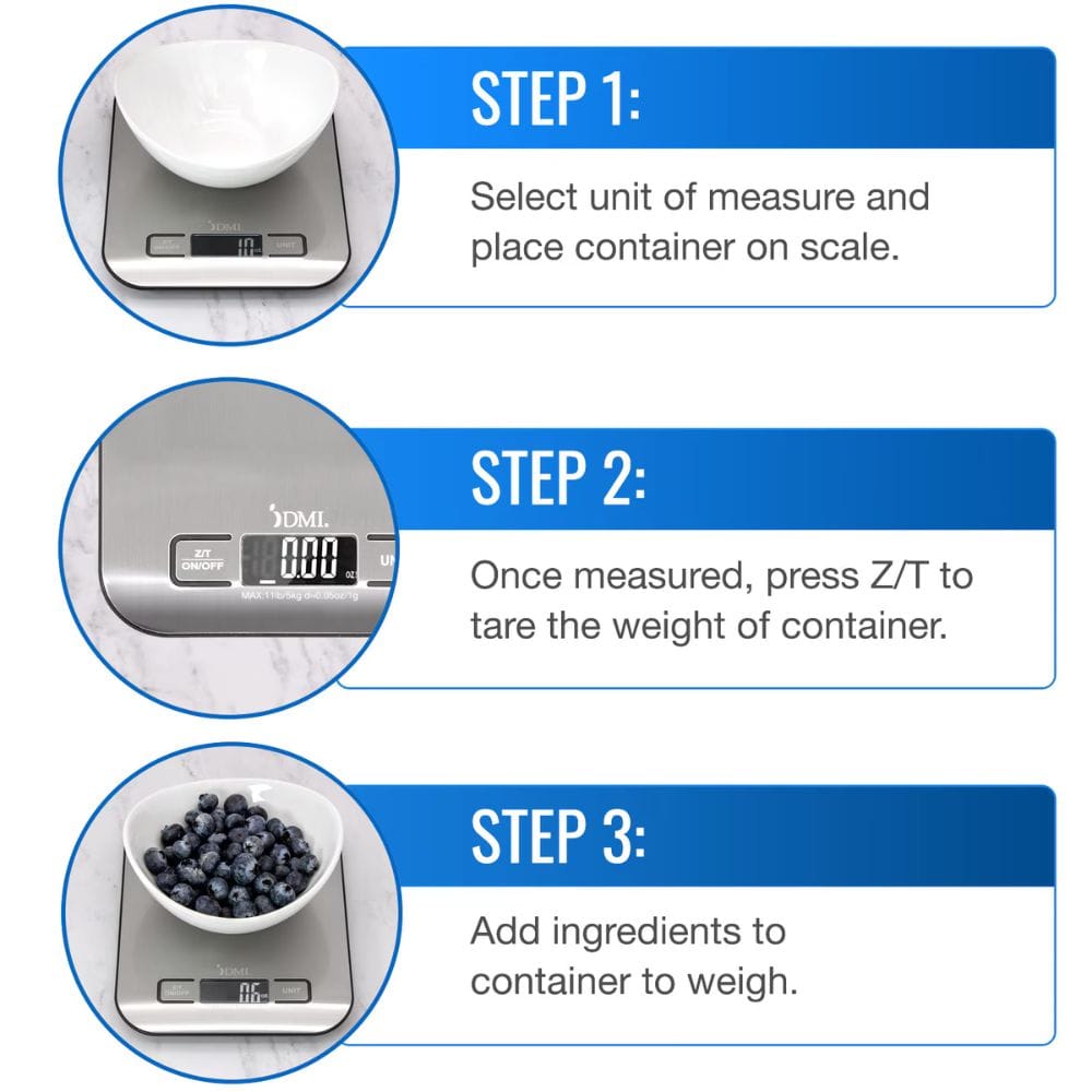 Instructions for using a digital kitchen scale with steps displayed.