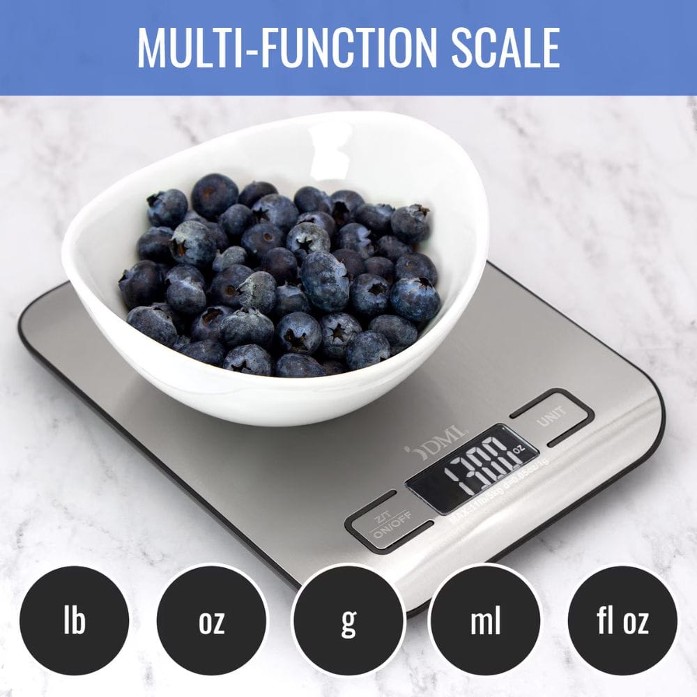 Multi-function scale with a bowl of blueberries on a white background
