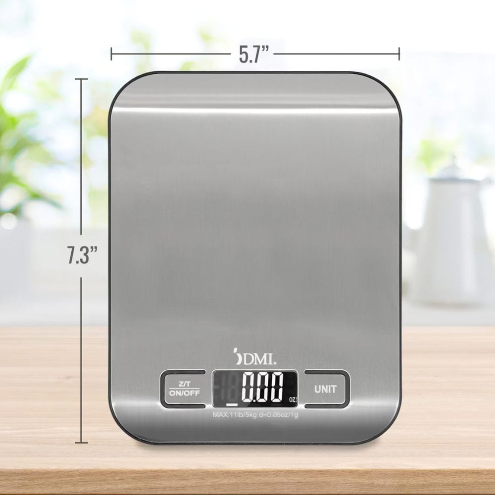Digital kitchen scale with dimensions labeled on a blurred background