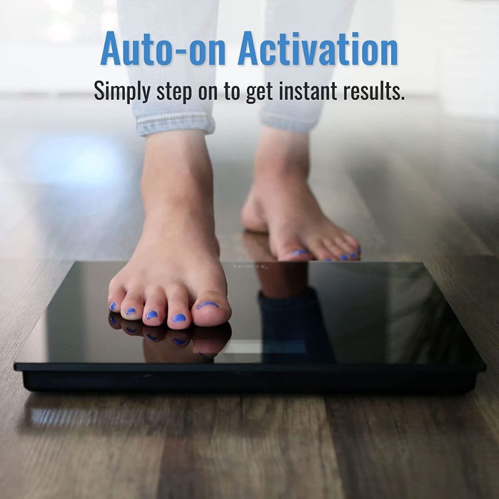Person stepping onto a device with text about auto-on activation