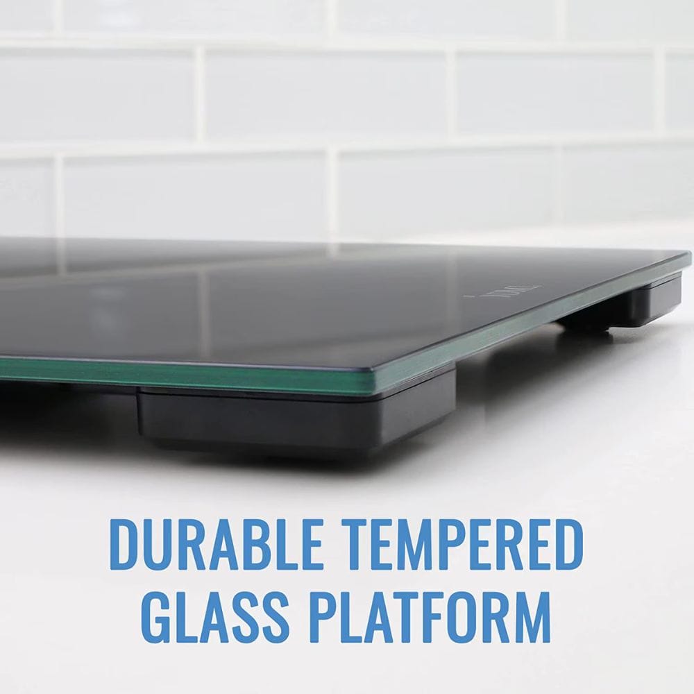 Durable tempered glass platform on a white tiled floor