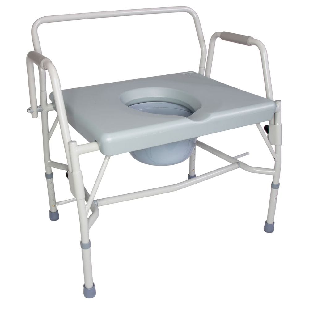 A portable folding commode chair with a light gray plastic seat and bowl, supported by a white metal frame with adjustable legs and armrests.
