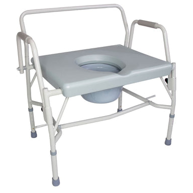 A portable folding commode chair with a light gray plastic seat and bowl, supported by a white metal frame with adjustable legs and armrests.