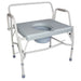 A portable folding commode chair with a light gray plastic seat and bowl, supported by a white metal frame with adjustable legs and armrests.