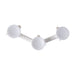 Three white spherical objects connected by a central rod on a white background