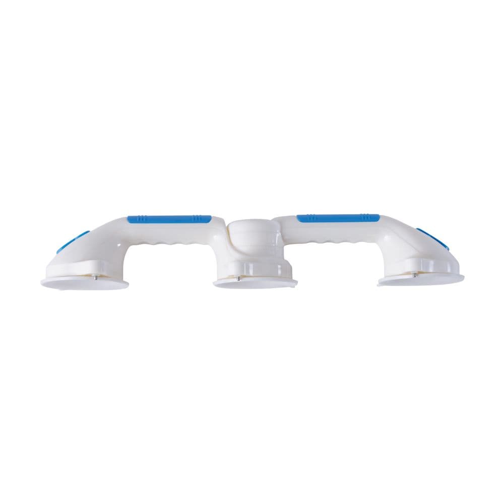 White plastic handle with blue accents on a white background