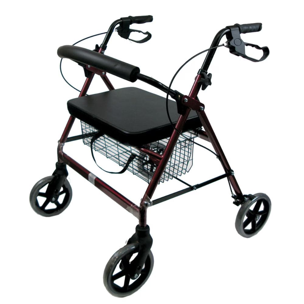 Red and black walker with a seat and basket on a white background
