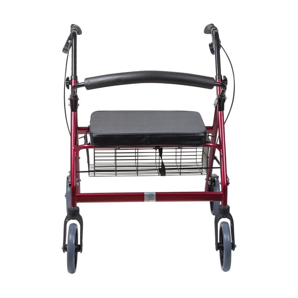 Red walker with a seat and wheels on a white background