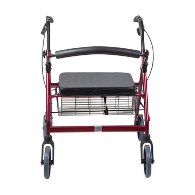 Red walker with a seat and wheels on a white background