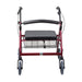 Red walker with a seat and wheels on a white background