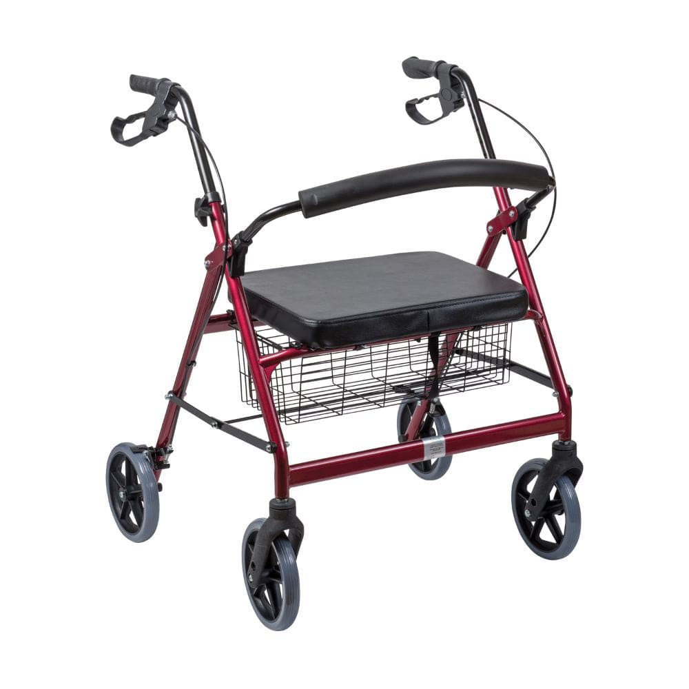 Red rollator with black seat and basket on a white background