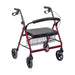 Red rollator with black seat and basket on a white background