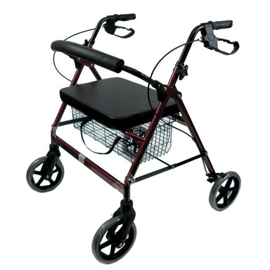 Red and black walker with a seat and basket on a white background