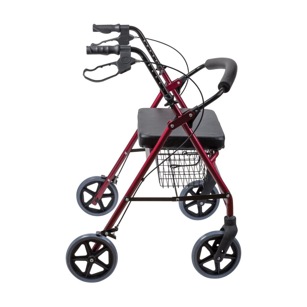 Red and black walker with wheels and a basket on a white background