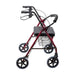 Red and black walker with wheels and a basket on a white background