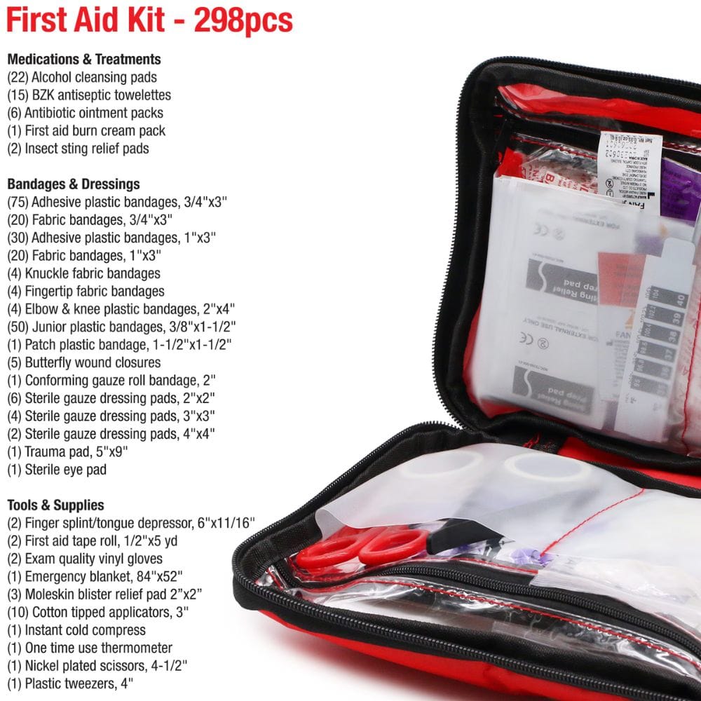 Open first aid kit with contents listed on a white background