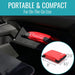 Red portable device in a car console with dimensions inset, on a teal background.