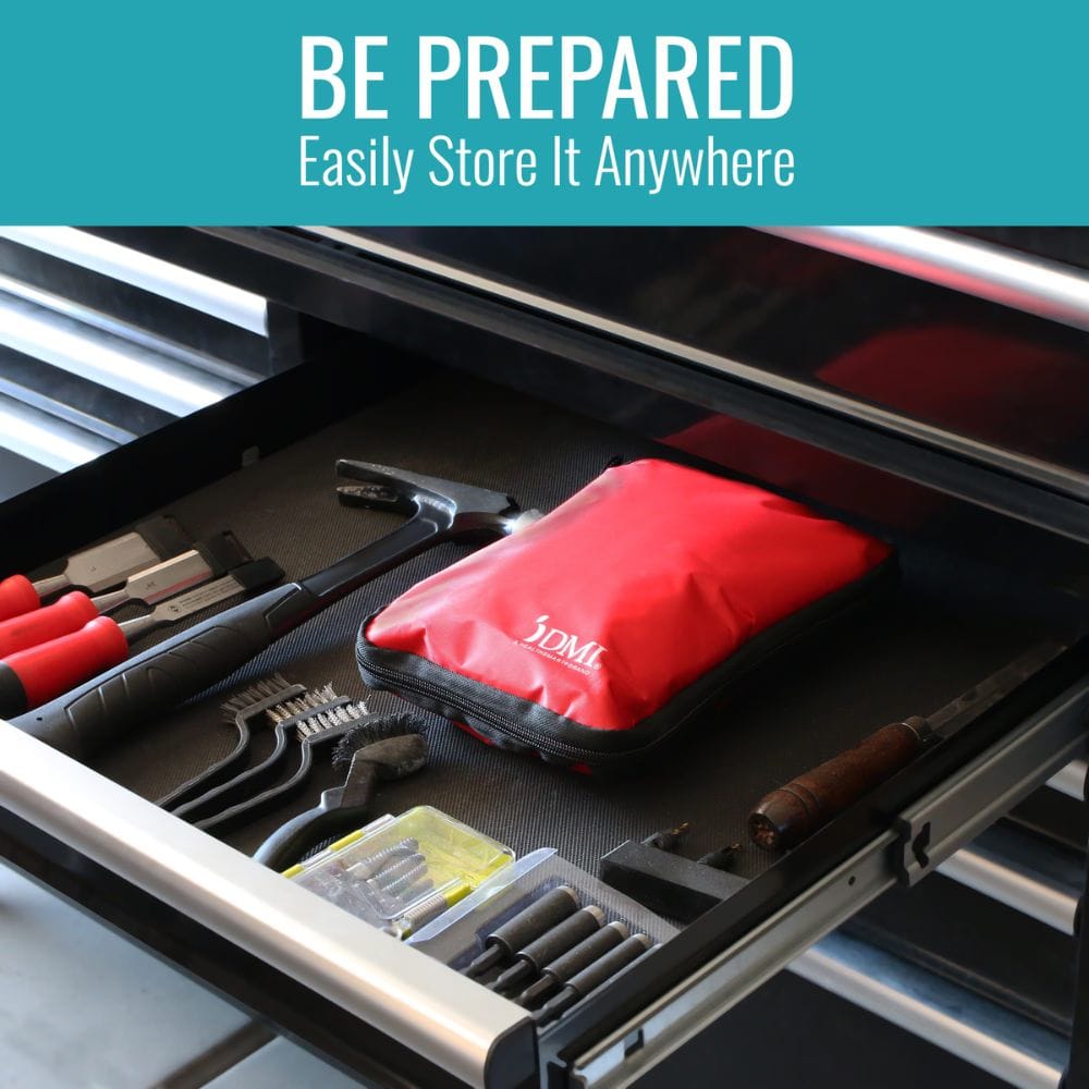 Open toolbox with tools and a red pouch labeled 'YOMI' on a blue background with text 'Be Prepared, Easily Store It Anywhere'.