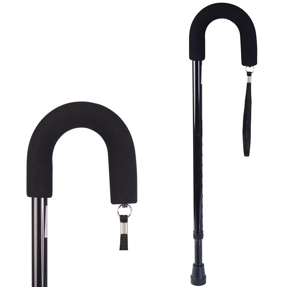 Two black walking canes with curved handles on a white background