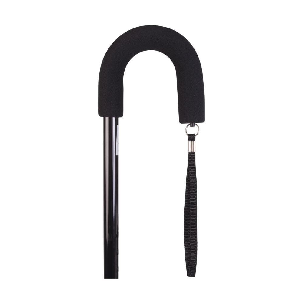 Black walking cane with a curved handle on a white background