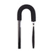Black walking cane with a curved handle on a white background