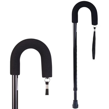 Two black walking canes with curved handles on a white background