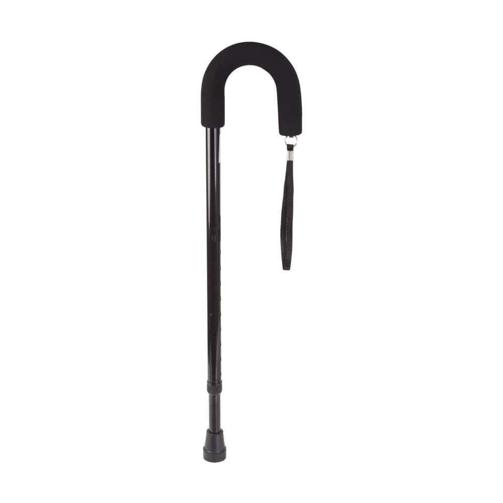 Black cane with a curved handle on a white background