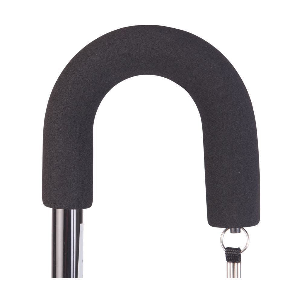 Black U-shaped foam cover with metal rod and keychain on a white background