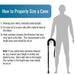 Instructions on how to properly size a cane with a silhouette and walking cane.