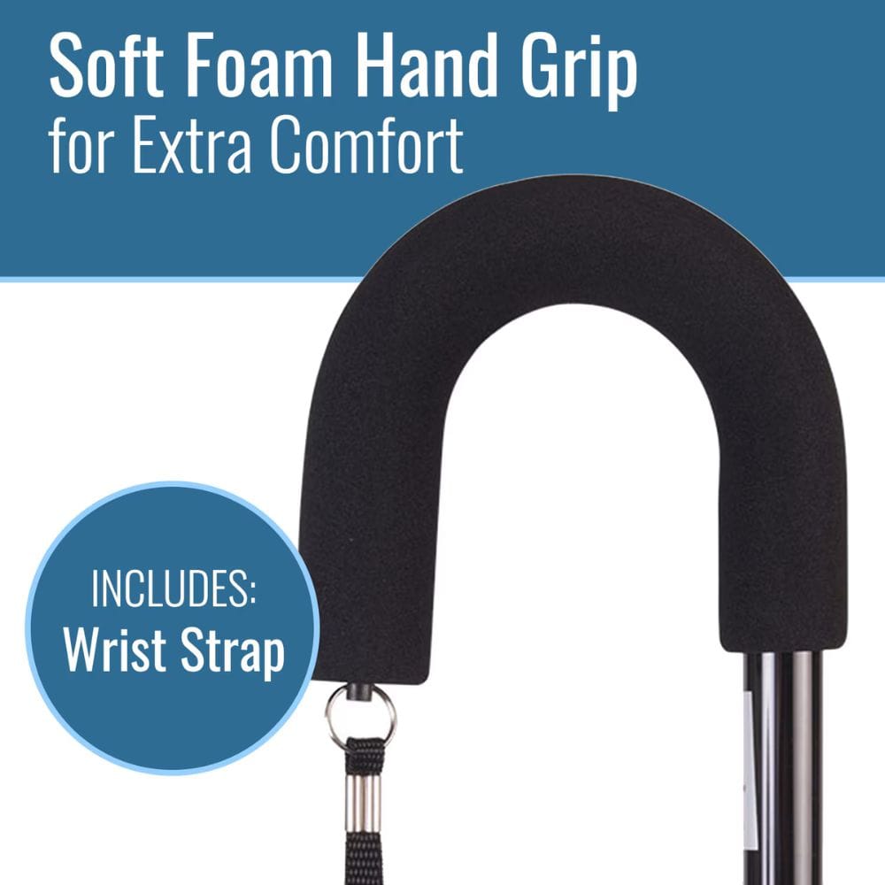 Black soft foam hand grip with wrist strap on a blue and white background