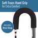 Black soft foam hand grip with wrist strap on a blue and white background