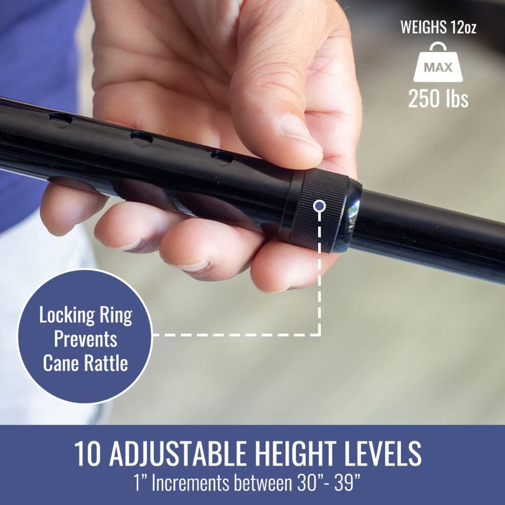 Hand holding a black cane with adjustable height feature, showing locking ring and weight capacity.
