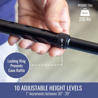 Hand holding a black cane with adjustable height feature, showing locking ring and weight capacity.