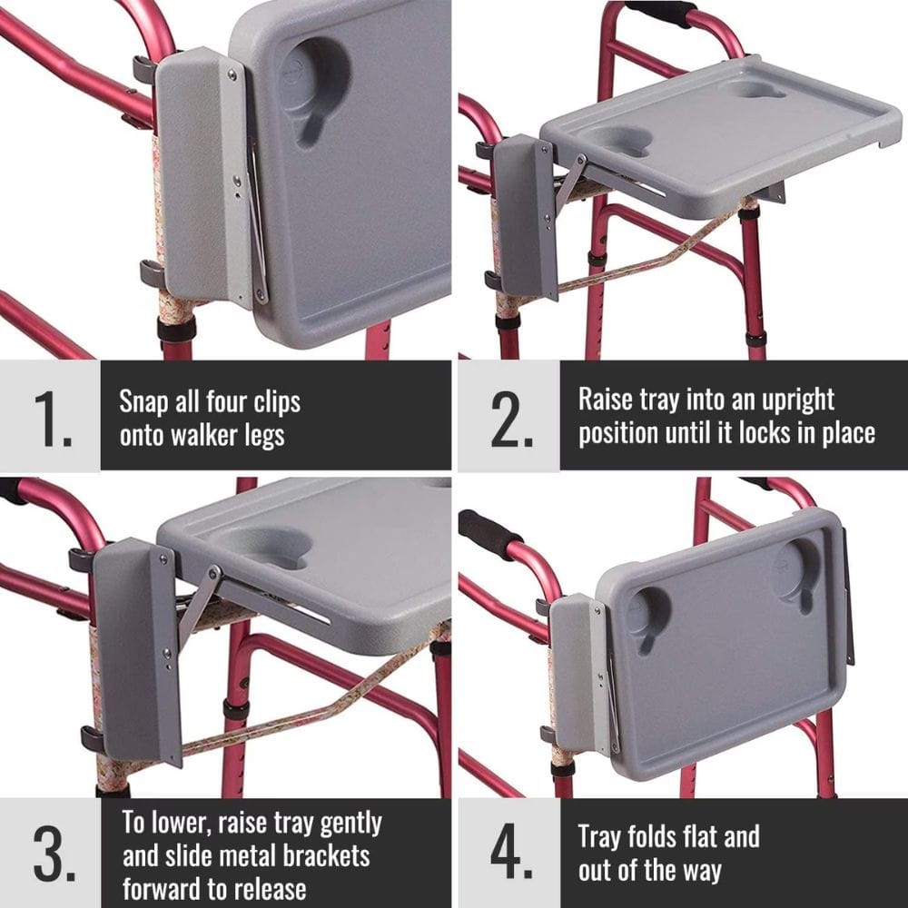 Step-by-step guide on how to use a walker tray attachment with images and text instructions.