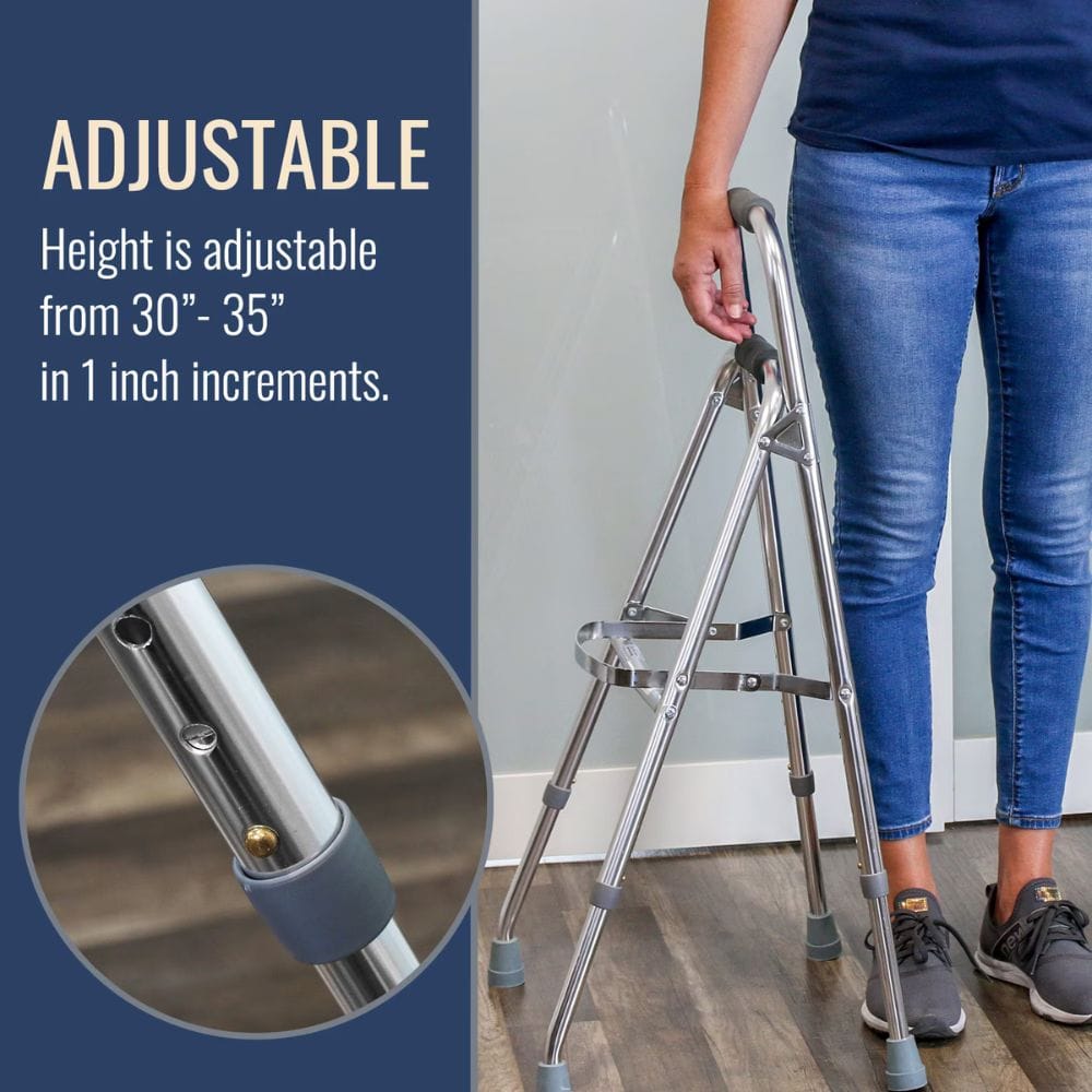 Person using a adjustable step ladder with height adjustment details on a blue background