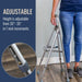 Person using a adjustable step ladder with height adjustment details on a blue background