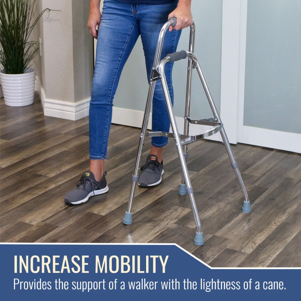 Person using a walker on a wooden floor with text about increasing mobility.