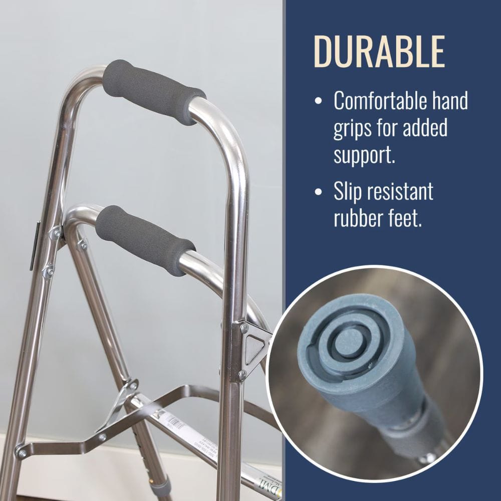 Walking frame with durable features highlighted on a gray background
