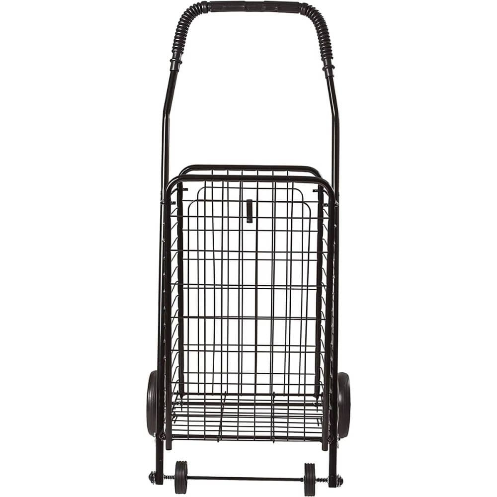 Black metal shopping cart on a white background