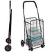 Black shopping cart with wheels filled with folded towels on a white background