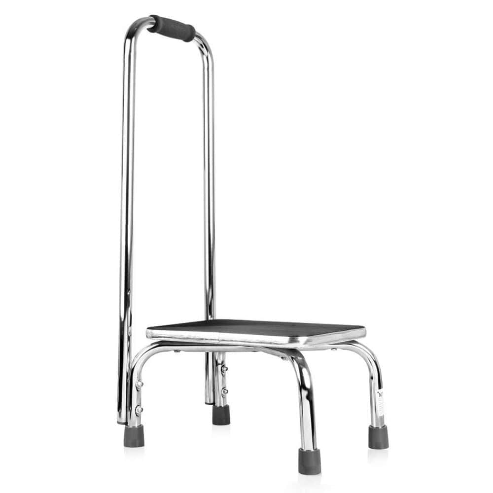Metal step stool with a handle on a white background