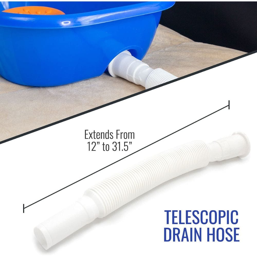 Telescopic drain hose with a blue basin in the background