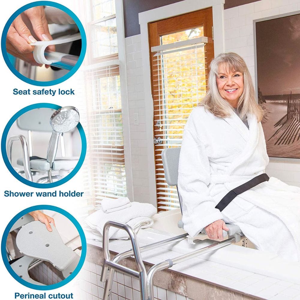 Woman sitting on a commode with product features highlighted, including seat safety lock, shower wand holder, and perineal cutout.