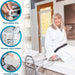 Woman sitting on a commode with product features highlighted, including seat safety lock, shower wand holder, and perineal cutout.