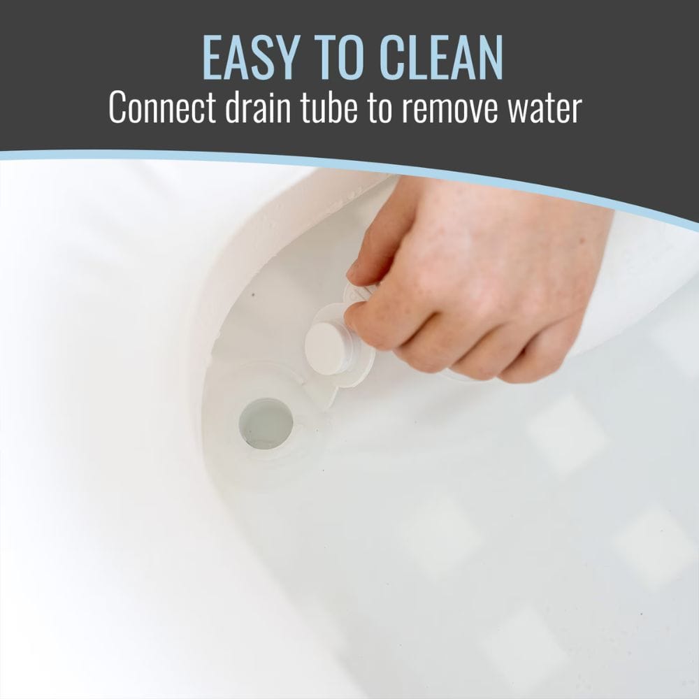 Person using a drain tube to remove water from a sink with text 'Easy to Clean' and 'Connect drain tube to remove water'.